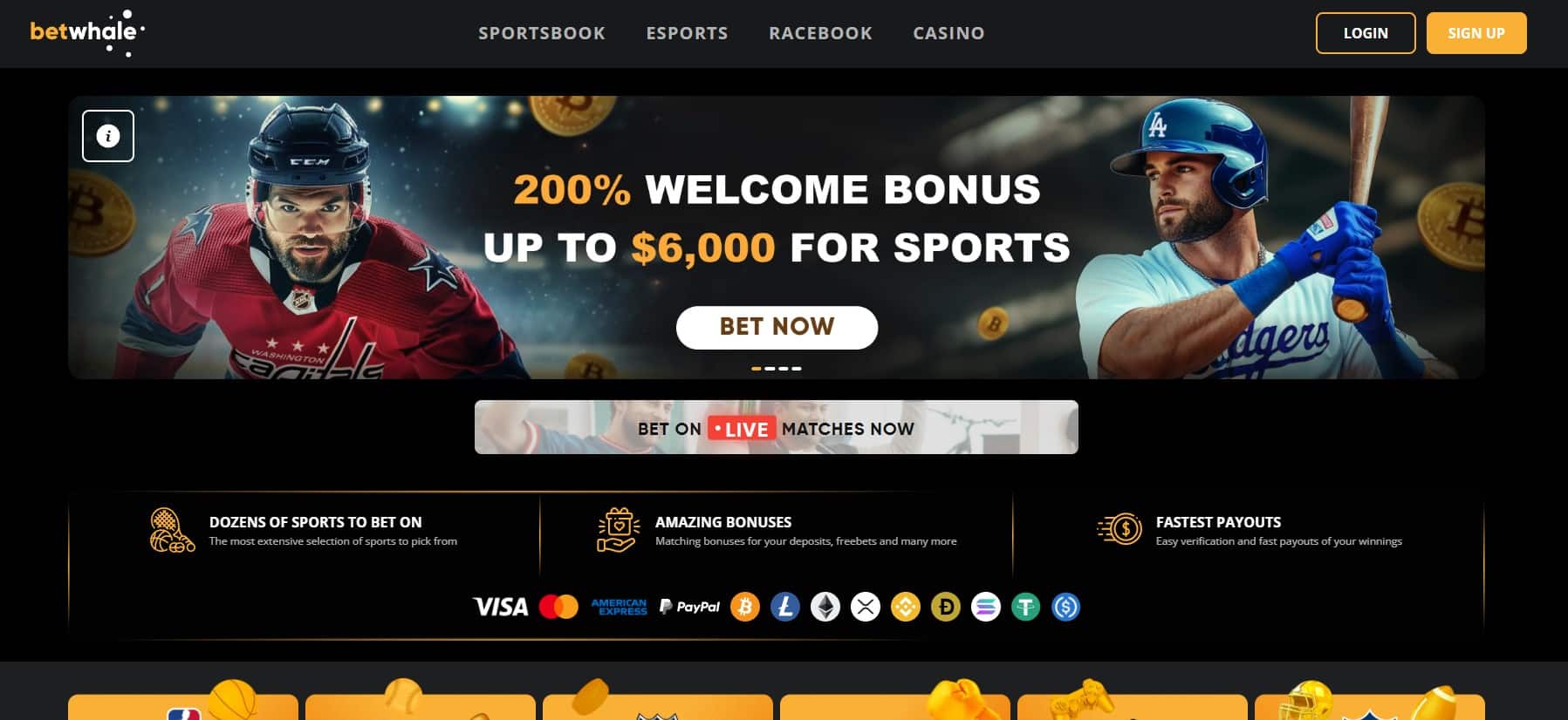 BetWhale Texas Sportsbook front page screenshot showing the main welcome bonus and payment options