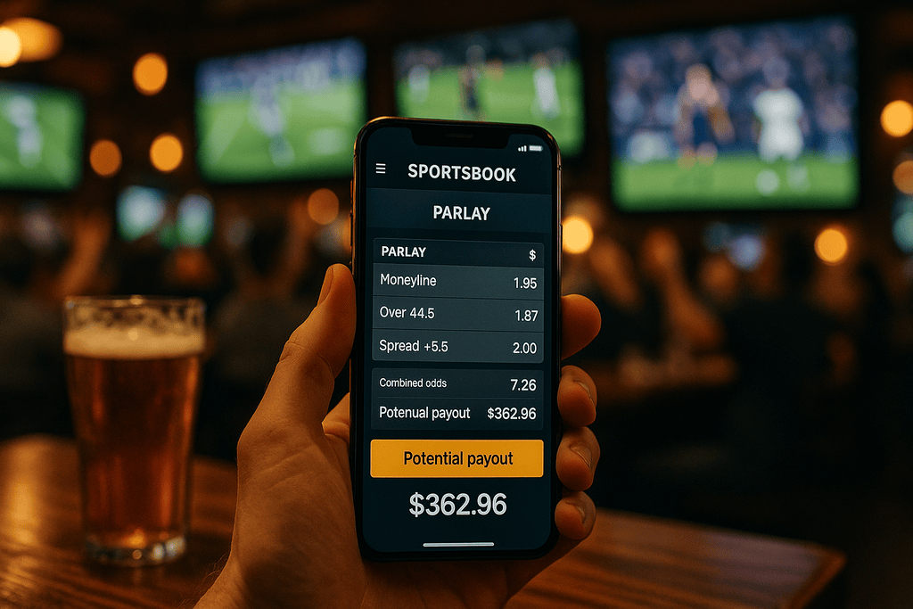 Hand holding a phone with a 3-leg parlay slip in a sports bar as multiple live games play on TVs in the background.