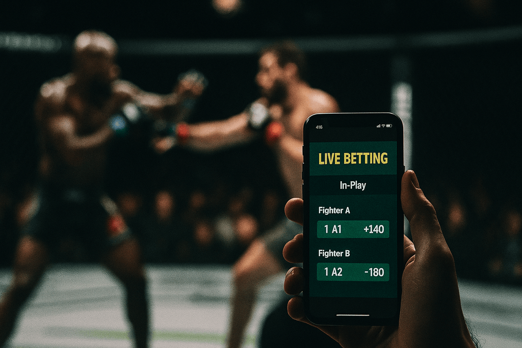 Fan checking live UFC betting odds on phone ringside as fighters exchange punches.