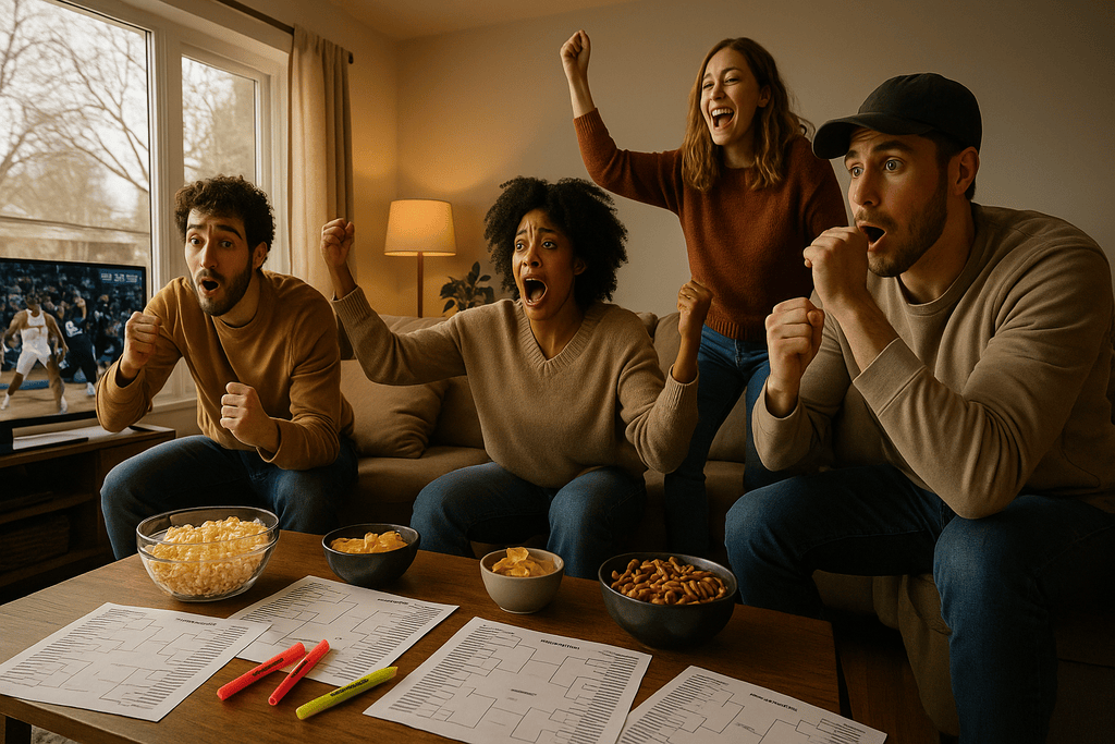 Friends reviewing March Madness brackets while watching a close NCAA basketball game at home. College basketball betting at its highest.