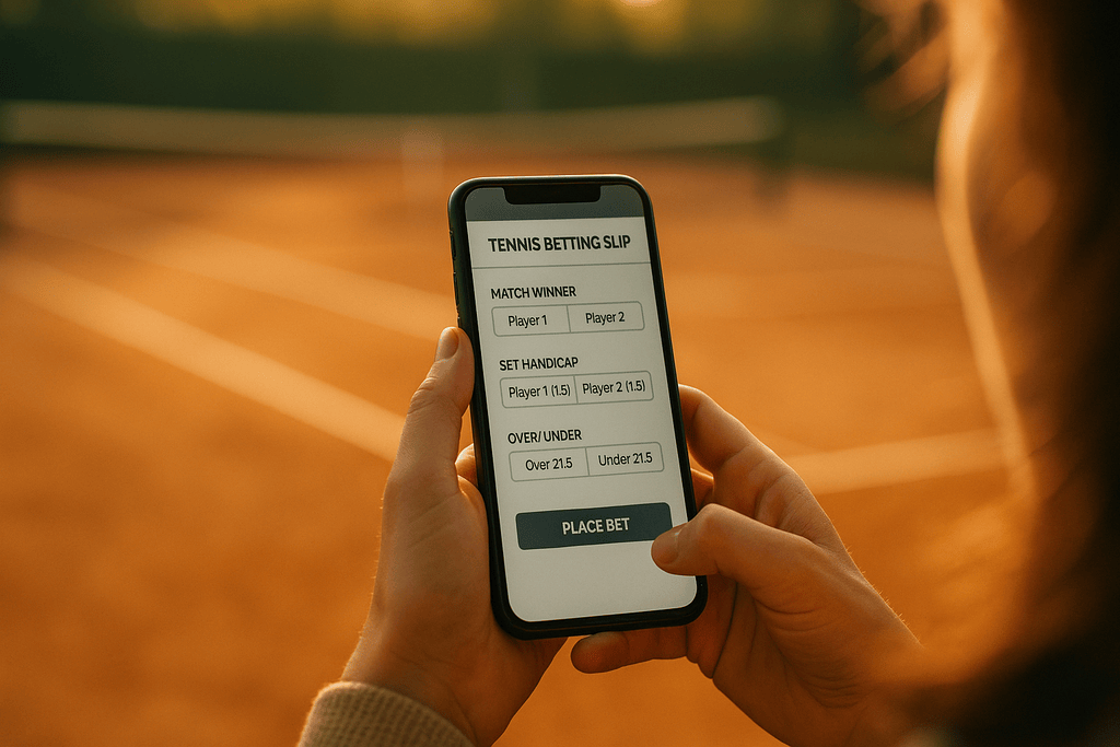 Fan checks a mobile tennis betting slip while a match plays on a clay court.